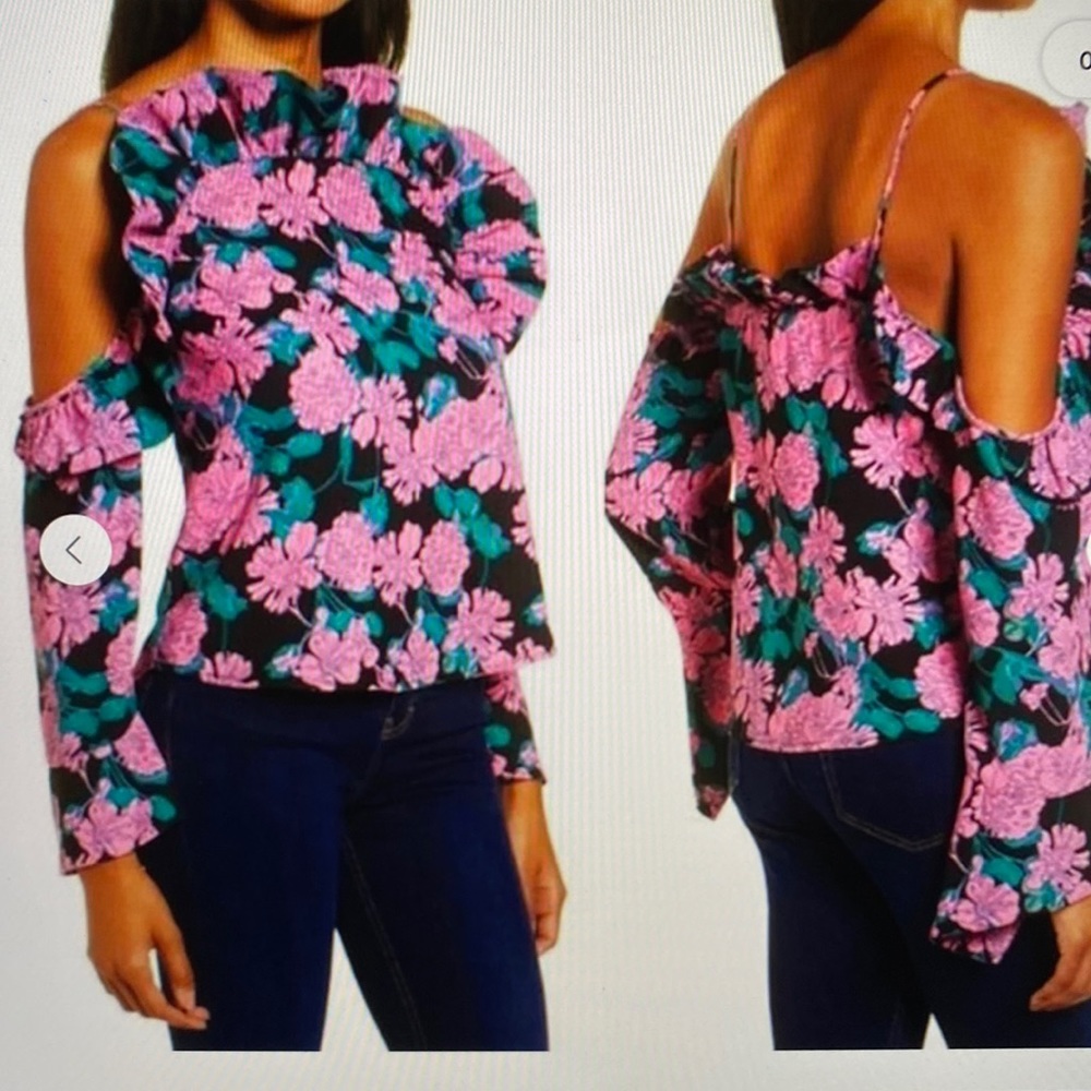 Leith Floral Black China Garden Ruffle Cold Shoulder Top. Sz S. NWOT